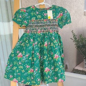 Mini Boden New with Tags Fancy/Casual Kids Green Floral Dress Size 5-6Y.